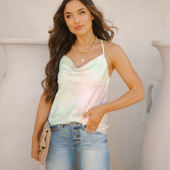 HAPPY INSIDE SATIN TIE DYE COWL NECK TAN - Picture 2 of 11